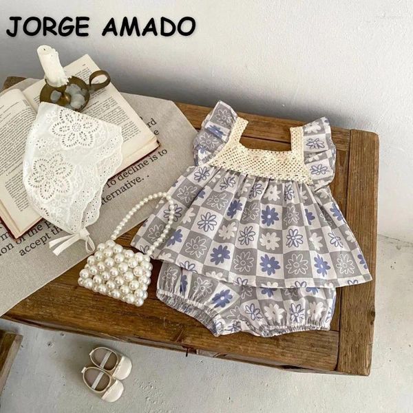 Kleidung Sets Sommer Baby Mädchen 2-teiliges Set Spitze Patchwork Quadrat Kragen Flare Hülse Top Blume Knospe Shorts Mode geboren Kleidung E23158