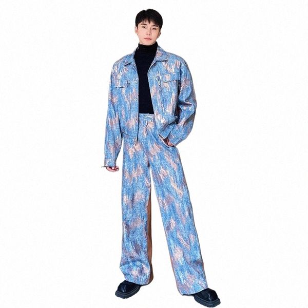 IEFB Sonbahar Kış Erkekler Denim İki Parçalı Kore tarzı Sequin Denim Eklenmiş Ceketler Düzenli Geniş Bacak Kotları 2023 Yeni Takımlar 9C3300 D9HW#