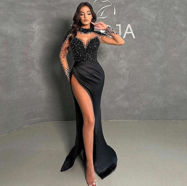 Moda preto vestido de festa de baile 2024 lantejoulas contas de pedra alta pescoço fenda mangas compridas cetim feminino noite formal vestidos de aniversário robe de soiree