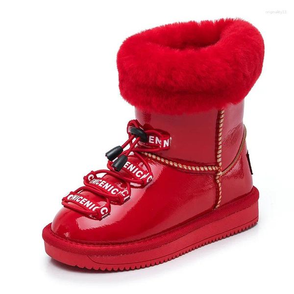 Botas 2024 inverno meninas neve crianças pele quente rússia meados de bezerro pu couro impermeável pelúcia crianças moda princesa