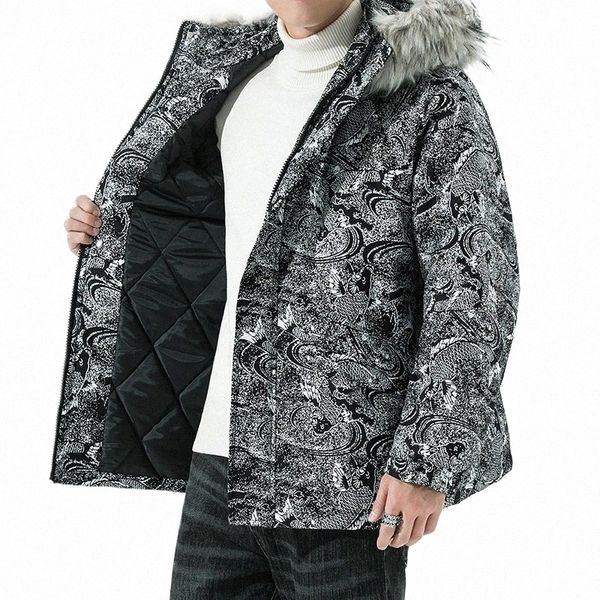 S-3XL Plus Size Stile cinese Pesce stampato Manica Lg Oversize Puff Parka Cappotti Uomo Donna Abbigliamento caldo con pelliccia con cappuccio l2y8 #