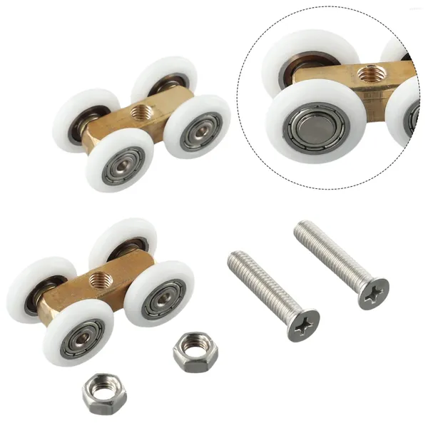 Rolo de hardware para porta de tapetes, 2 peças, rodas deslizantes, 4,4 cm x 2,2 cm, cobre, quatro rodas, polia de vidro suspensa, sem ferrugem, corrediça