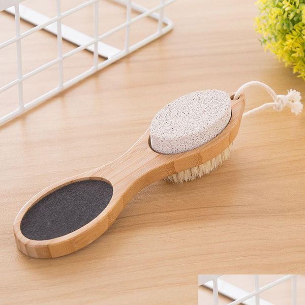 Escovas de banho Esponjas Scrubbers Foot Brush Pomes Stone Rasp File Esfoliante Bamboo Handle Pedicure Tool 4 em 1 Mti-Funcional Scrub D Otday