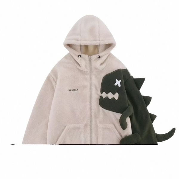 Giacca con cappuccio in pile di lana d'agnello Parka da uomo vintage dinosauro patchwork streetwear cappotti invernali caldi cappotti addensati unisex 2023 O37n #