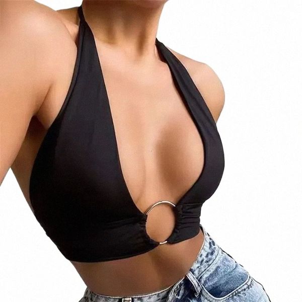 Womens Sexy Sleevel Ring Linked Vest Halter Curto Tank Tops Backl Ring Cnect Slim Fit Colete Estilo Casual Tops Slim Tops t2on #