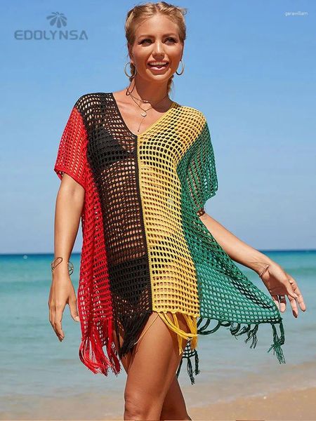 Boho arco-íris listrado gradiente crochê maiô cover-ups plus size feminino verão beach wear topos maiô cobrir q1303