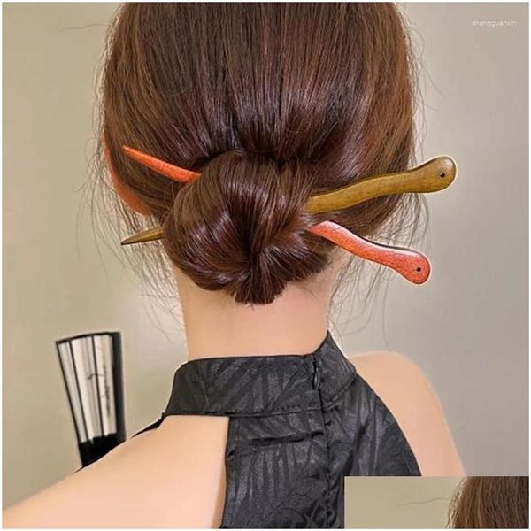 Grampos de cabelo barrettes simples chinês estilo retro varas de madeira artesanal ondulado esculpido grampos de cabelo feminino estilo jóias acessórios gota de otrko