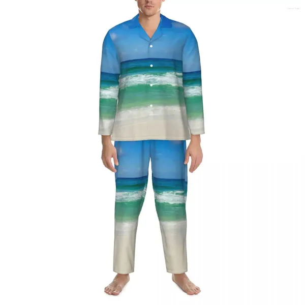 Home Abbigliamento Pigiami Uomo Spiaggia Pography Sleep Sleepwear Cieli blu con onde 2 pezzi Pigiama casual Set abito oversize a maniche lunghe