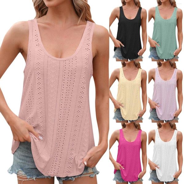 Camisoles tanques das mulheres regata sem mangas ilhó bordado colher pescoço solto ajuste casual verão camisas femininas