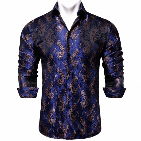 Royal Blue Gold Paisley Camicie di seta per uomo Manica Lg Social Dr Camicia Smoking di lusso Festa di nozze Abbigliamento uomo DiBanGu r4FT #