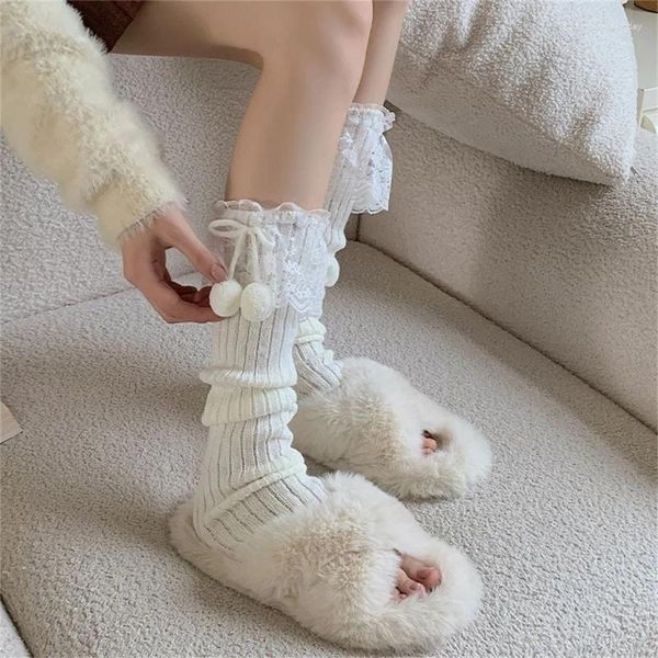 Frauen Socken Winter Warm Stricken Für Mädchen Lolitas Rüschen Fuß Abdeckung Gothic Harajuku Mittelrohr