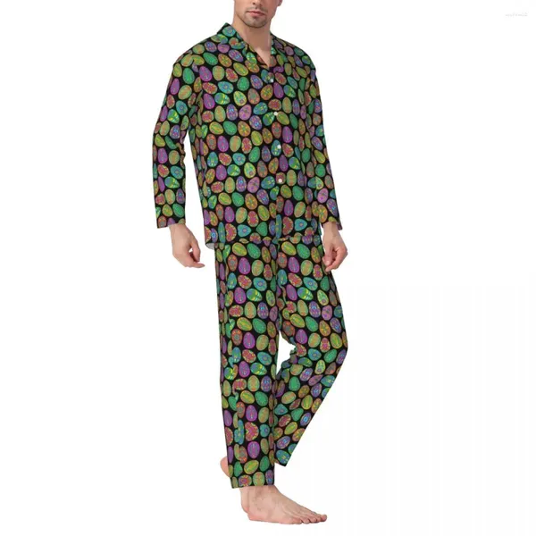 Abbigliamento per la casa Set pigiama per il giorno di Pasqua Stampa di uova retrò Indumenti da notte Kawaii da uomo a maniche lunghe Casual allentato da notte Indumenti da notte in due pezzi di grandi dimensioni 2XL