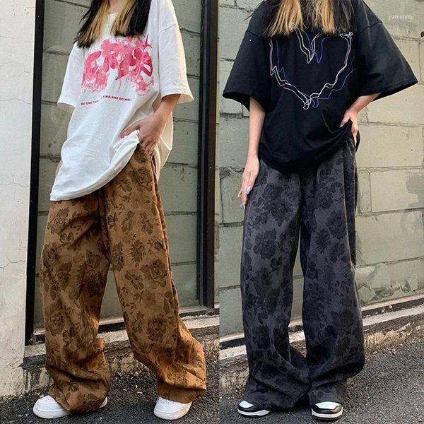 Calças femininas harajuku estilo vintage flor impressão casual estudante rua solta calças retas cáqui preto emagrecimento roupas