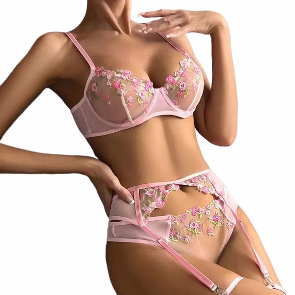 Damenunterwäsche Sexy Durchsichtig Mesh Transparent Stickerei Fragmentiert FR Kit Push BH + THG Höschen Dessous Set D4jz #