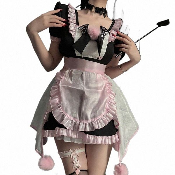 sexy Dem Maid Dr Costume cosplay uniforme Strega rosa Gonna gonfia Gioco di ruolo Nightdr Palla di peluche Ragazza carina Abiti Halen R5oK #