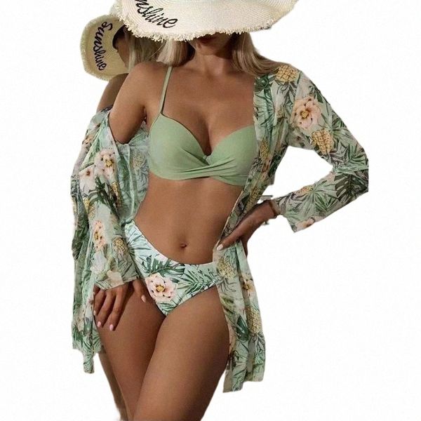 Floral Niedrige Taille Bikini Set Cover Up Badeanzug Für Frauen Push Up Lg Hülse Drei Stücke Bademode Strand Badeanzüge 83Ps #