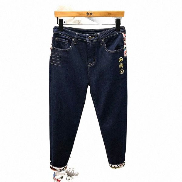 Marke Männer Kleidung FI Slim Jeans Stickerei Nähte Einfache Japanische Streetwear Marineblau Denim Cargo Hosen D27p #