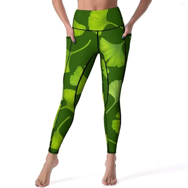 Damen-Leggings, grün, Ginko Biloba, niedliche Blätter, Aufdruck, Workout, Fitnessstudio, Yoga-Hose, Push-Up, modische Leggins, dehnbare Grafik, Sport-Leggings, Geschenk