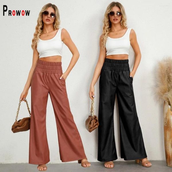 Pantaloni da donna Prowow Pant moda pelle PU pantaloni larghi neri a vita alta tinta unita marrone slim fit streetwear pantaloni femminili