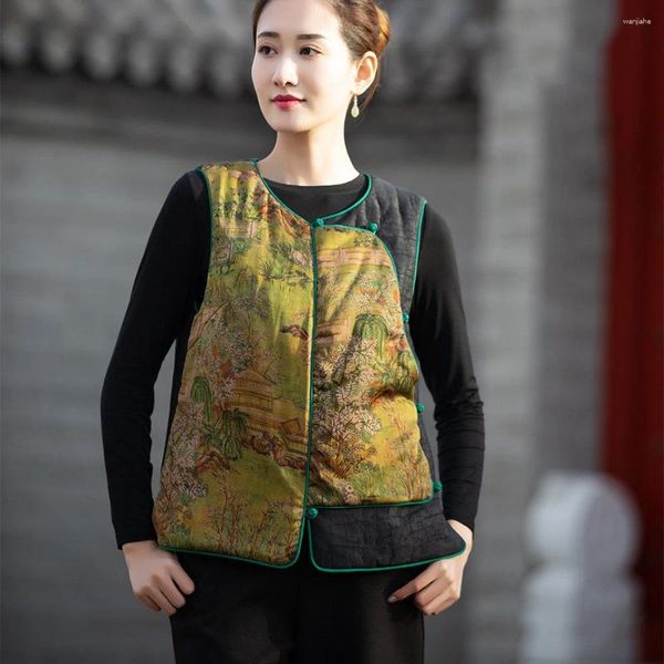 Abbigliamento etnico Donna Stile cinese Qipao Top Hanfu Tang Suit Gilet di cotone Giallo orientale Moda Lady Retro Stampa Cheongsam Gilet