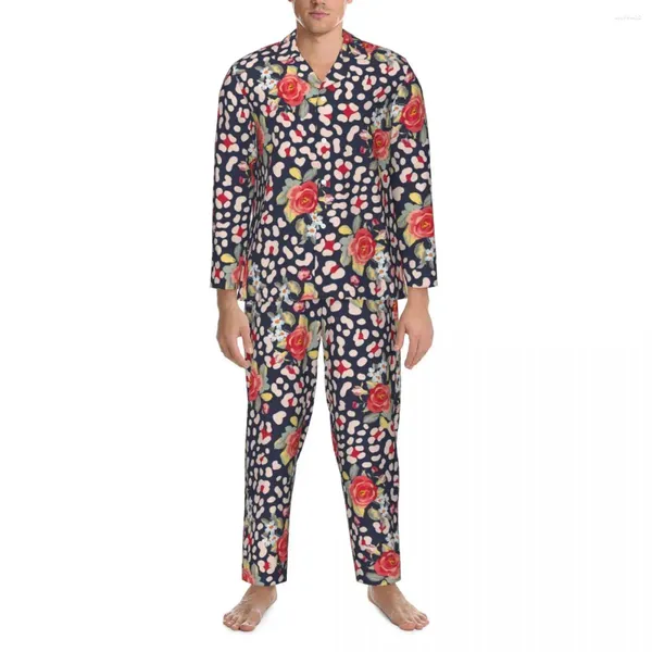 Startseite Kleidung Pyjamas Herren Floral Leopard Spots Tägliche Nachtwäsche Vintage Rosen 2-teiliges Pyjama-Set Langarm Trendiger Übergröße-Anzug