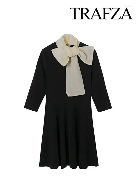 Abiti casual TRAFZA Donna elegante sottile nero collo mezzo alto maniche decorazione fiocco mini abito moda primavera donna