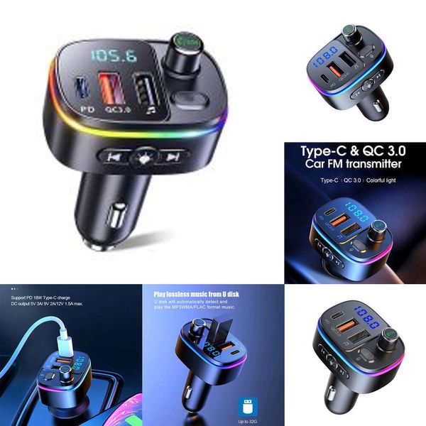 Aggiorna trasmettitore FM per auto Caricabatterie per veicoli compatibili con Bluetooth 5.0 Lettore Mp3 vivavoce PD Tipo C QC3.0 USB Ricarica rapida Accessori luminosi colorati T65