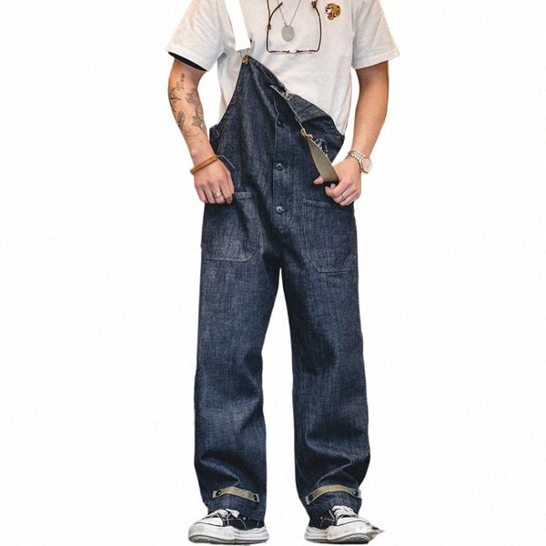 Macacão de carga retrô Navy Deck Denim Bib Macacão Wed Denim Straight Jeans Japonês Masculino Bolso Macacão Trendy Street Wear 58DR #