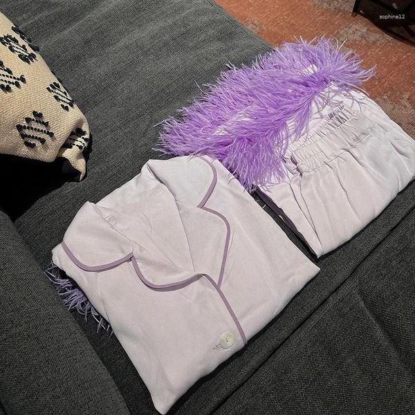 Casa roupas 2024 manga comprida pijamas de penas de avestruz para mulheres roupas de luxo duas peças roxo pijama conjunto festa wear