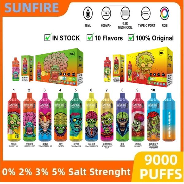 Бесплатная доставка Sunfire Tornado 9000 Puffs Ondosable E Сигареты Vapes 18 мл сетчатой катушки 600 мАч батарея 0% 2% 3% 5% Перезаряжаем без утечки 9K Puff Big Home Vapor Germany Eu