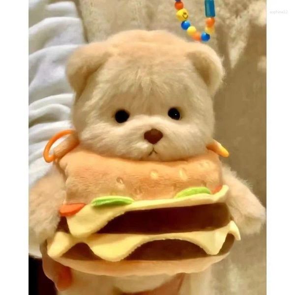 Confezione regalo Borsa a tracolla per hamburger con orsetto Cartone animato portatile Simpatico hamburger con patatine fritte Zaino da appendere in peluche