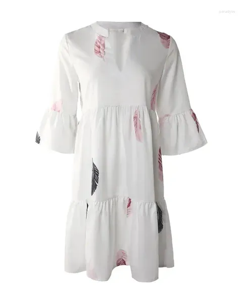 Lässige Kleider Mode Täglich A-Linie Minikleid Glockenärmel Rüschen V-Ausschnitt Lange Party für Frauen 2024 Frühling Federdruck
