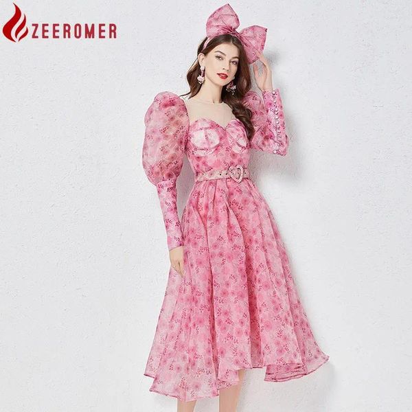 Casual Dresses 2024 Herbst Mode Runway Rosa Organza Prinzessin Kleid Frauen Oansatz Puff Langarm A-Linie Party mit Gürtel und Stirnband