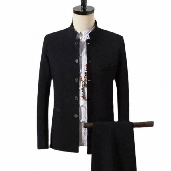 Chinesischen Stil Männer Anzüge Solide Fi Casual Stehkragen Blazer Jacke Hosen 2 Stück Set Busin Hochzeit Männliche Anzug Slim fit f8rQ #