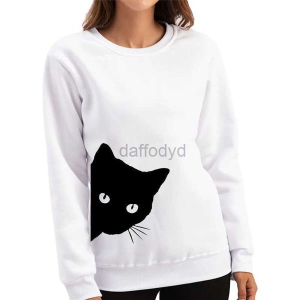 Moletom com capuz feminino YRYT 2023 outono e inverno novo feminino solto de manga comprida lateral gato preto apresenta personalidade impressa pulôver com capuz gola redonda 24328