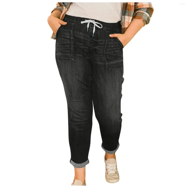 Jeans femininos senhoras pull-on drawstring joggers casual para mulheres calças retas elegantes com bolso