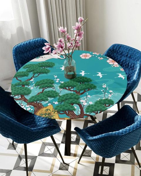 Toalha de mesa estilo japonês nuvens auspiciosas guindastes esquilos toalha de mesa redonda capa elástica decoração de jantar à prova d'água