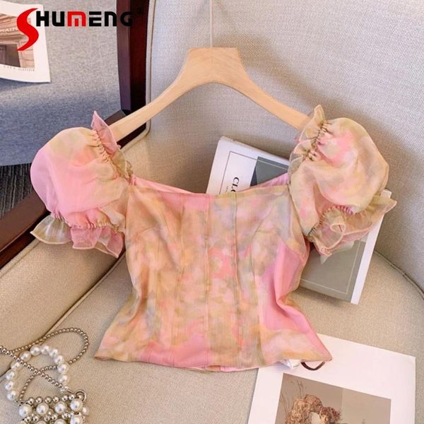 Damenblusen, süßes Mädchen, schulterfreies Chiffon-Hemd für Frauen, 2024, Sommer, elegante kleine Shirts, Puffärmel, Reißverschluss, kurzes Oberteil