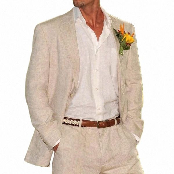 Abiti da uomo in lino beige 2 pezzi Giacca da matrimonio in stile americano sulla spiaggia con pantaloni Smoking da sposo formale Abiti maschili Giacca + pantaloni M1Ab #