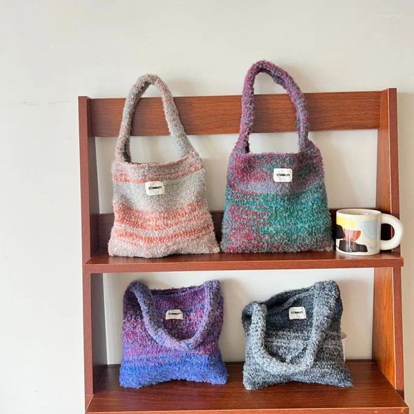 Sacos de armazenamento Grande Capacidade Colorido Crochet Mulheres Ombro Versátil Handmade Malha Bonito Tote Bolsa De Lã Tecido Senhora Bolsas