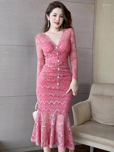 Abiti casual primavera elegante fata maxi per le donne ricamo in pizzo trasparente rosa lucido diamante di seta manica lunga abito a sirena vestido per feste