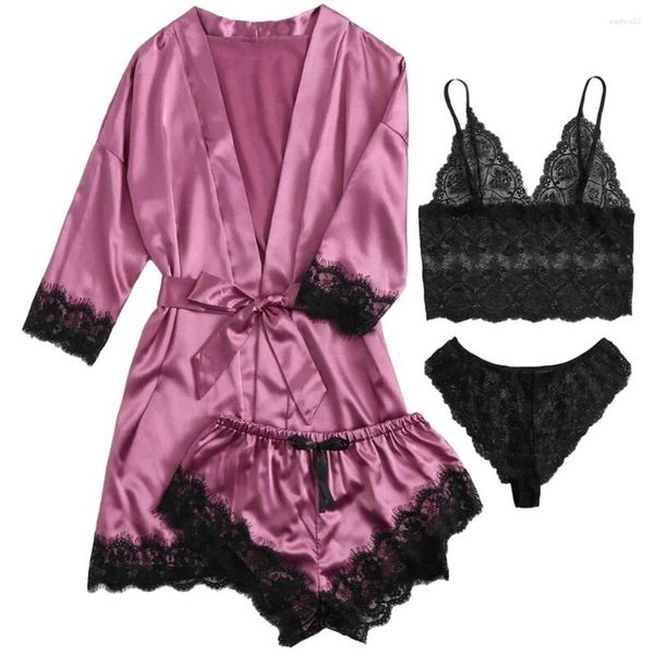 Casa roupas pijamas pijamas férias lingerie pijamas sem elasticidade poliéster robe cetim sexy seda dormir mulher