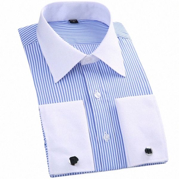 Camisa masculina clássica com punhos franceses listrados, camisa de bolso com remendo único, manga LG padrão, camisas de casamento, abotoaduras incluídas K5N1 #