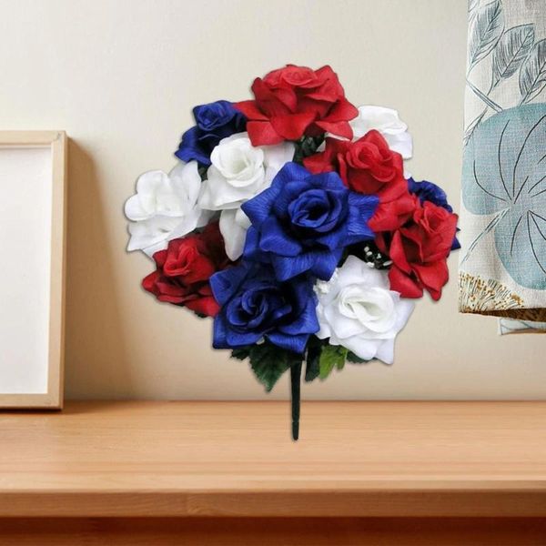 Flores decorativas queda porta guirlanda 12pc hastes artificial veias cetim rosa arbusto vermelho/branco/azul outono