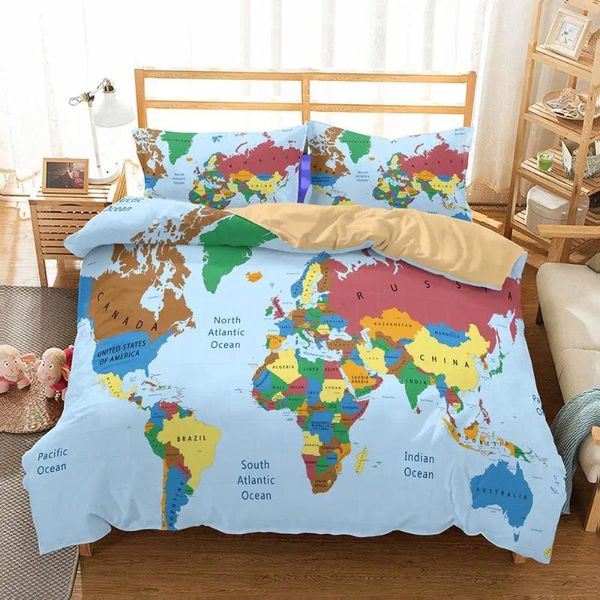 Bettwäsche -Sets Karte Bettdecker Cover Set King Blue Ocean Twin für Jungen Mädchen Polyester verschiedener Länder abstrakte Kunstquilt