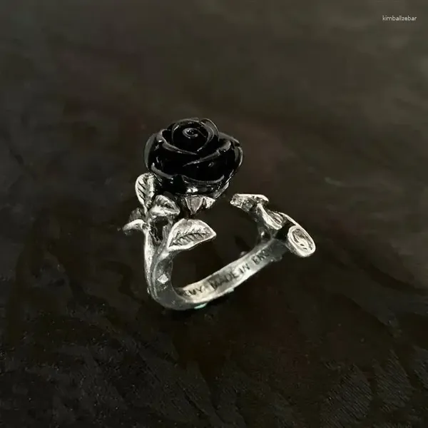 Anéis de cluster vintage cor preta rosa flor para mulheres estilo gótico anel ajustável noivado festa de casamento jóias presentes