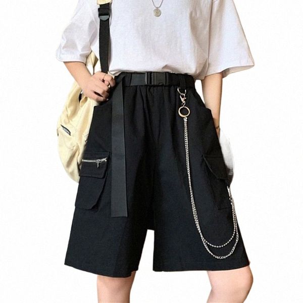 Rimocy Harajuku Catena Cargo Shorts Donna 2024 Estate Grandi tasche Gamba larga Pantaloncini Donna Nero Vita alta Streetwear Pantaloncini Donna 51aM #