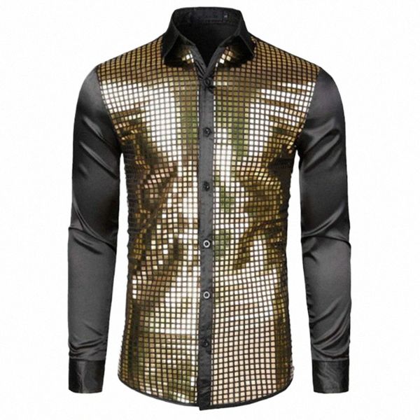 Camisa masculina clube dança camisa espumante lantejoulas lapela único breasted magro ajuste lg manga mostrar camisa de cor sólida masculina topo t65b #