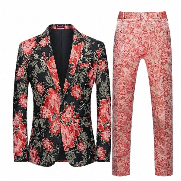 Jaqueta de terno bordada masculina vermelha com calças rosa duas peças de alta qualidade masculina dr casaco blazer calças tamanho grande M-5XL 6xl 3317 #