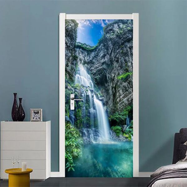 Adesivos 3d cachoeiras paisagem porta adesivo decoração de casa sala estar jantar pvc autoadesivo decalques parede vinil à prova dwaterproof água